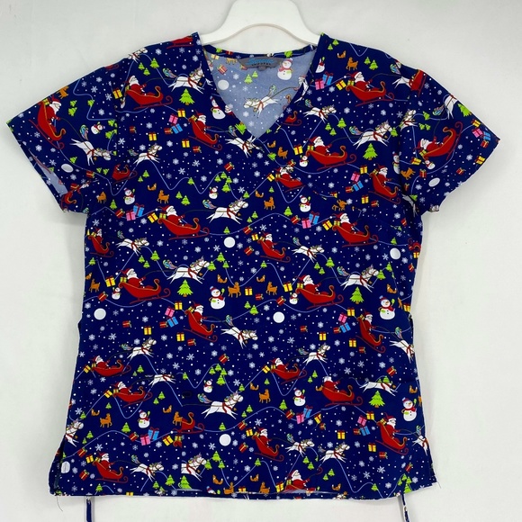 Serene Uniforms Womens Size Large Scrub Top Blue Christmas Santa Claus Unicorn - Picture 1 of 9